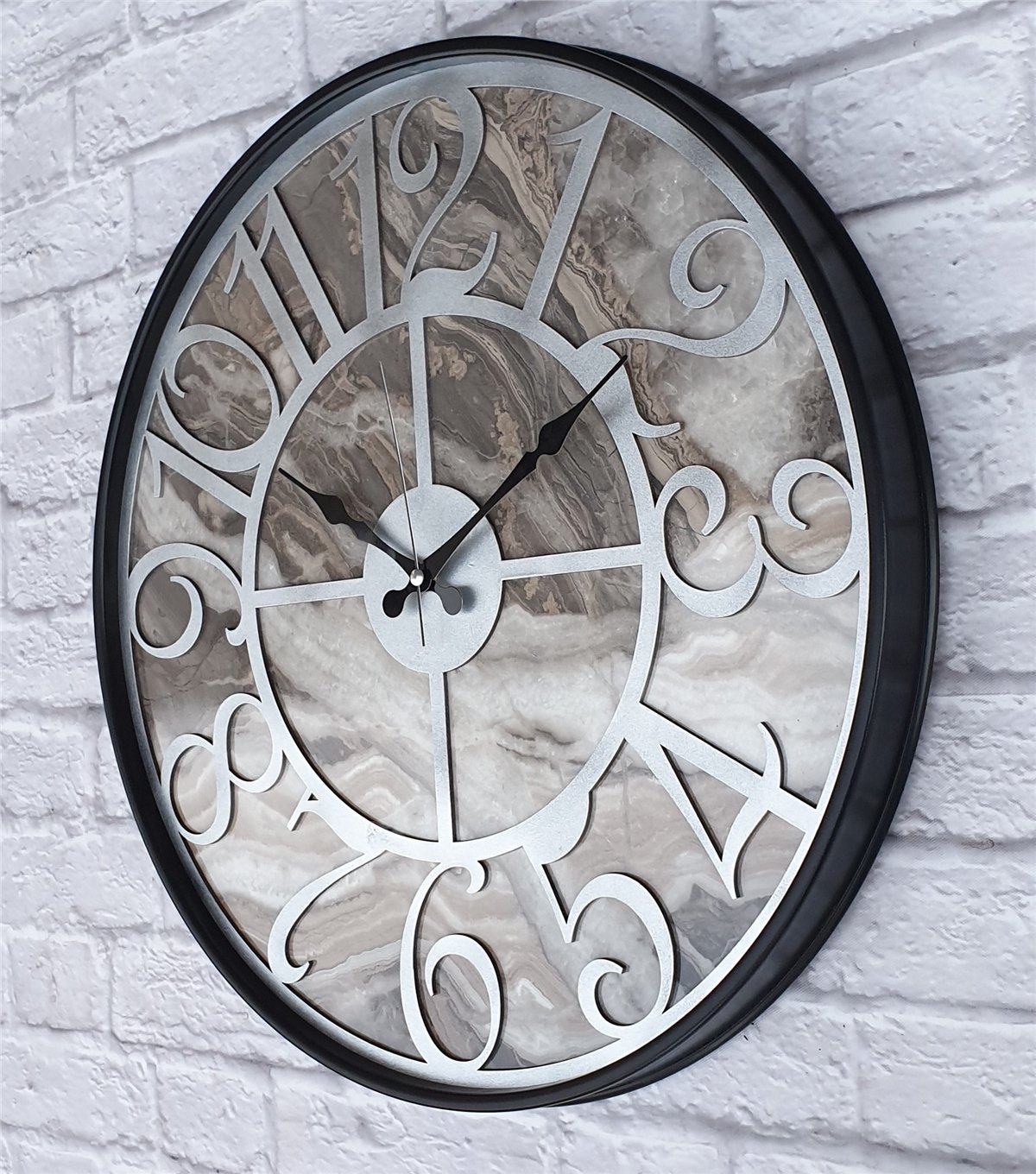 Markakanvas Siyah Metal Kasalı Mermer Desenli  Duvar Saati  ( Çap 50 cm -Çap 80 cm )