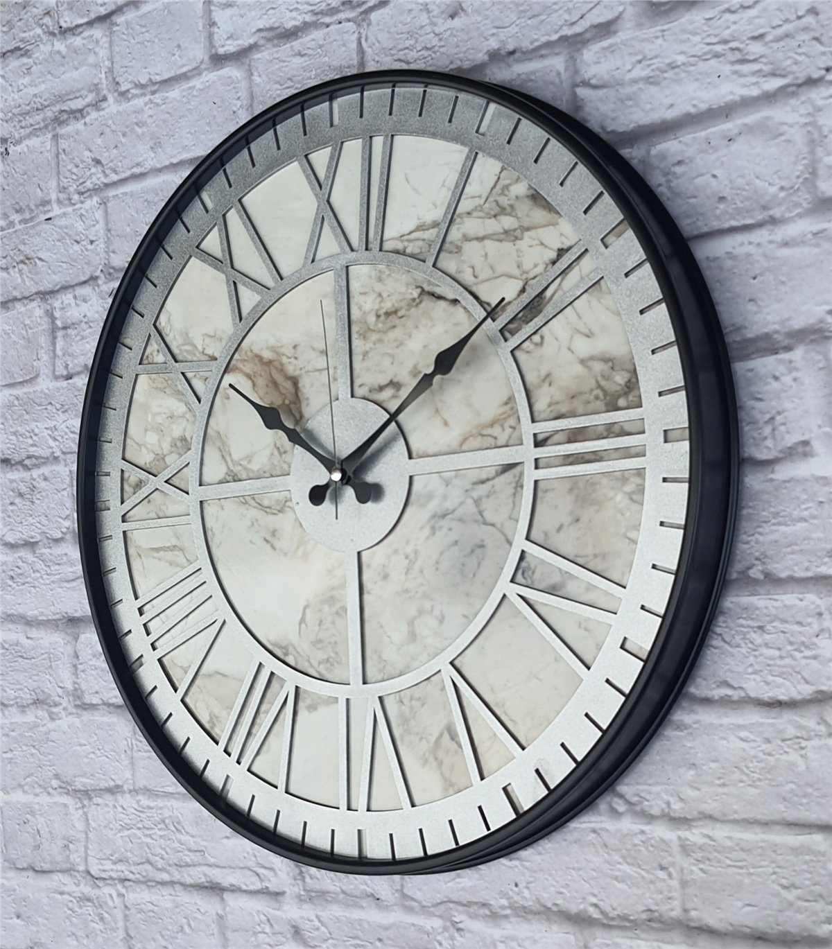 Markakanvas Siyah Metal Kasalı Mermer Desenli  Duvar Saati  ( Çap 50 cm -Çap 80 cm )