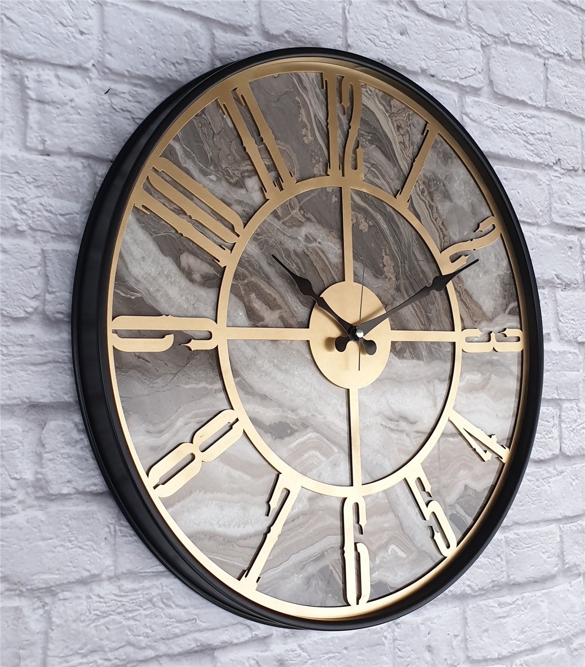 Markakanvas Siyah Metal Kasalı Mermer Desenli  Duvar Saati  ( Çap 50 cm -Çap 80 cm )