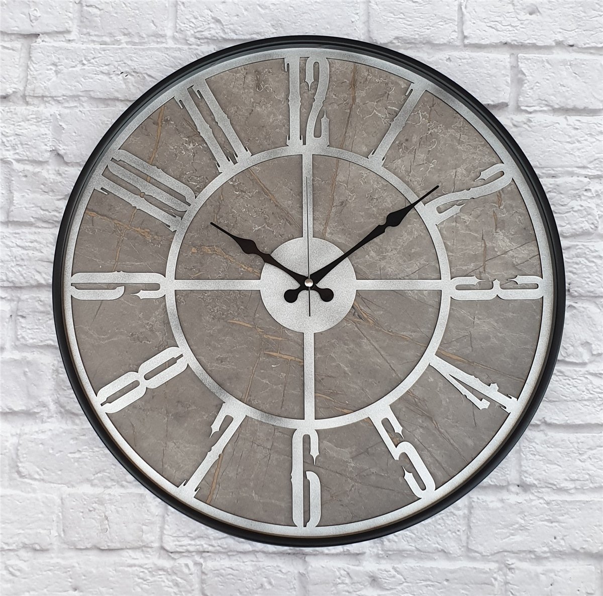Markakanvas Siyah Metal Kasalı Mermer Desenli  Duvar Saati  ( Çap 50 cm -Çap 80 cm )