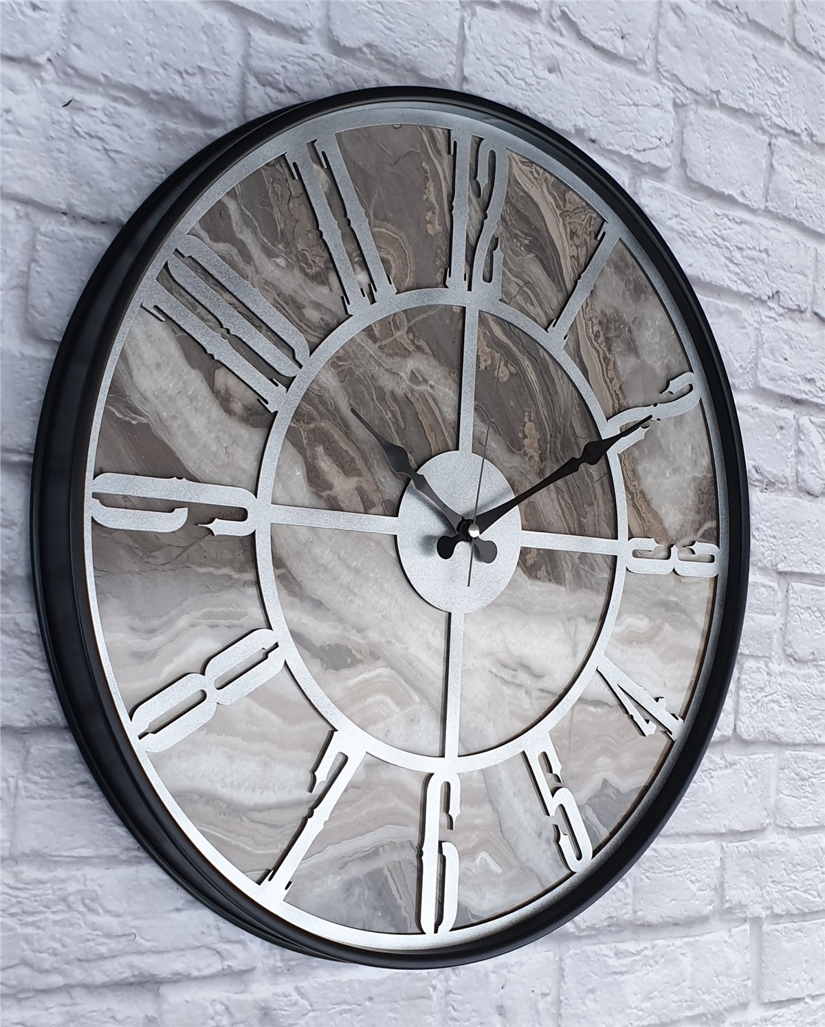 Markakanvas Siyah Metal Kasalı Mermer Desenli  Duvar Saati  ( Çap 50 cm -Çap 80 cm )