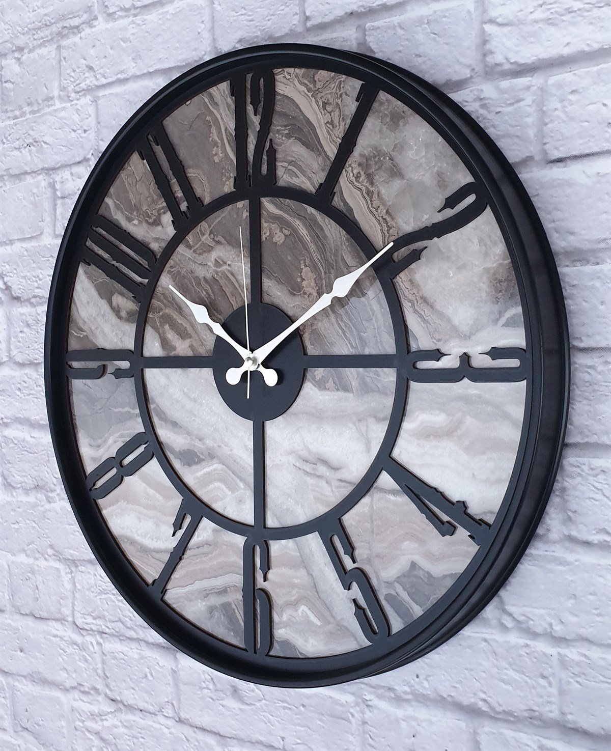 Markakanvas Siyah Metal Kasalı Mermer Desenli  Duvar Saati  ( Çap 50 cm -Çap 80 cm )
