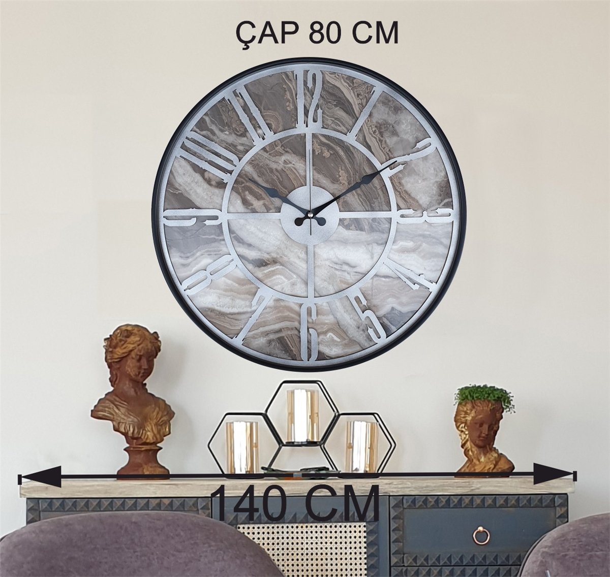 Markakanvas Siyah Metal Kasalı Mermer Desenli  Duvar Saati  ( Çap 50 cm -Çap 80 cm )