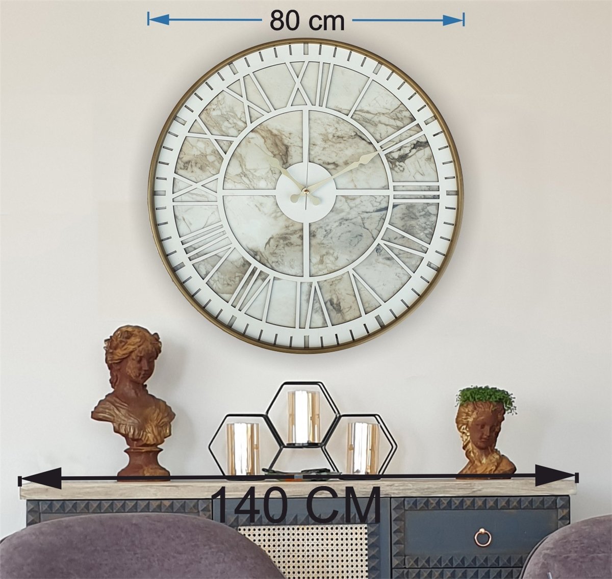 MarkakanvasAltın(Gold) Renkli  Metal Kasalı Mermer Desenli  Duvar Saati  ( Çap 50 cm -Çap 80 cm )