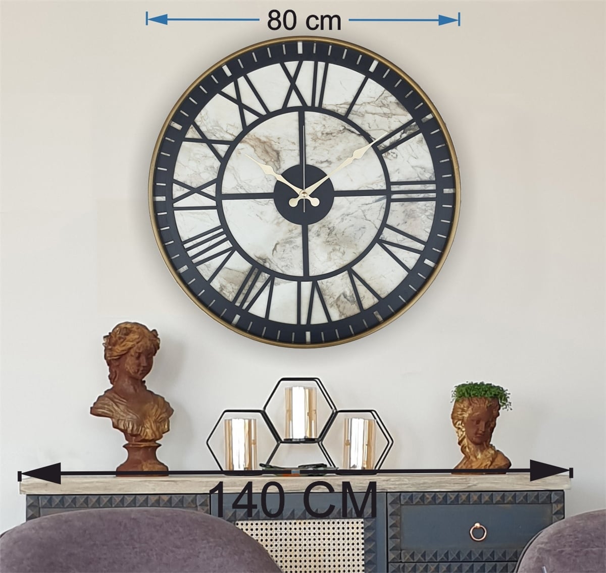 MarkakanvasAltın(Gold) Renkli  Metal Kasalı Mermer Desenli  Duvar Saati  ( Çap 50 cm -Çap 80 cm )