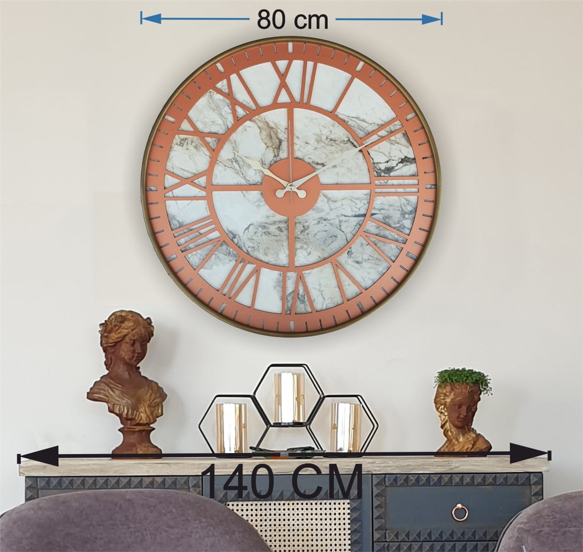 MarkakanvasAltın(Gold) Renkli  Metal Kasalı Mermer Desenli  Duvar Saati  ( Çap 50 cm -Çap 80 cm )
