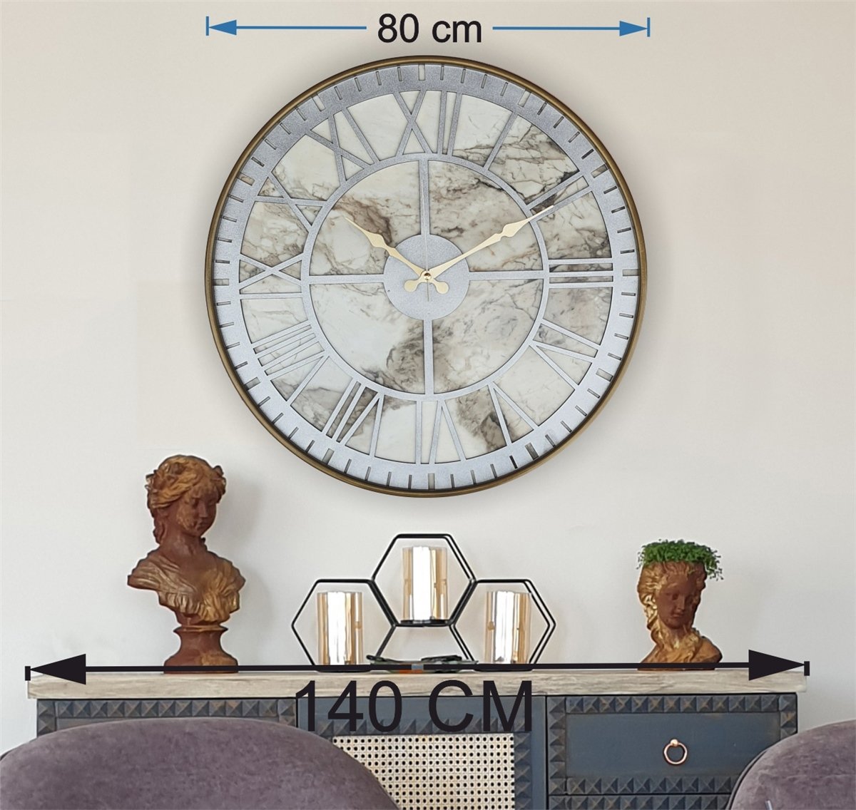 MarkakanvasAltın(Gold) Renkli  Metal Kasalı Mermer Desenli  Duvar Saati  ( Çap 50 cm -Çap 80 cm )