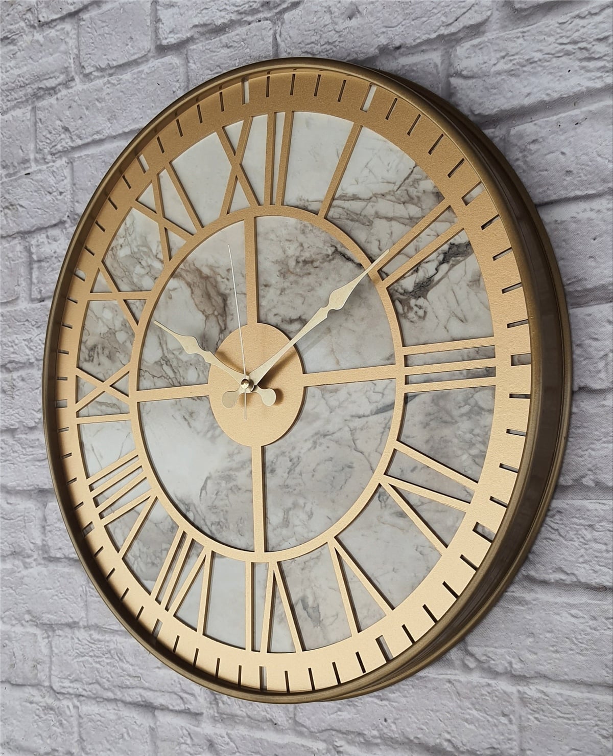MarkakanvasAltın(Gold) Renkli  Metal Kasalı Mermer Desenli  Duvar Saati  ( Çap 50 cm -Çap 80 cm )