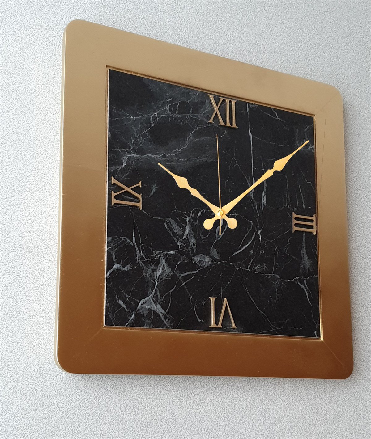 Mermer Desenli  GOLD Kare Duvar Saati