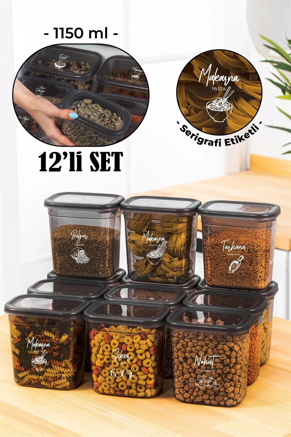 12'li Mihel Pegi 1150ML Dikdörtgen Saklama Kabı Seti AntrasitMİHEL