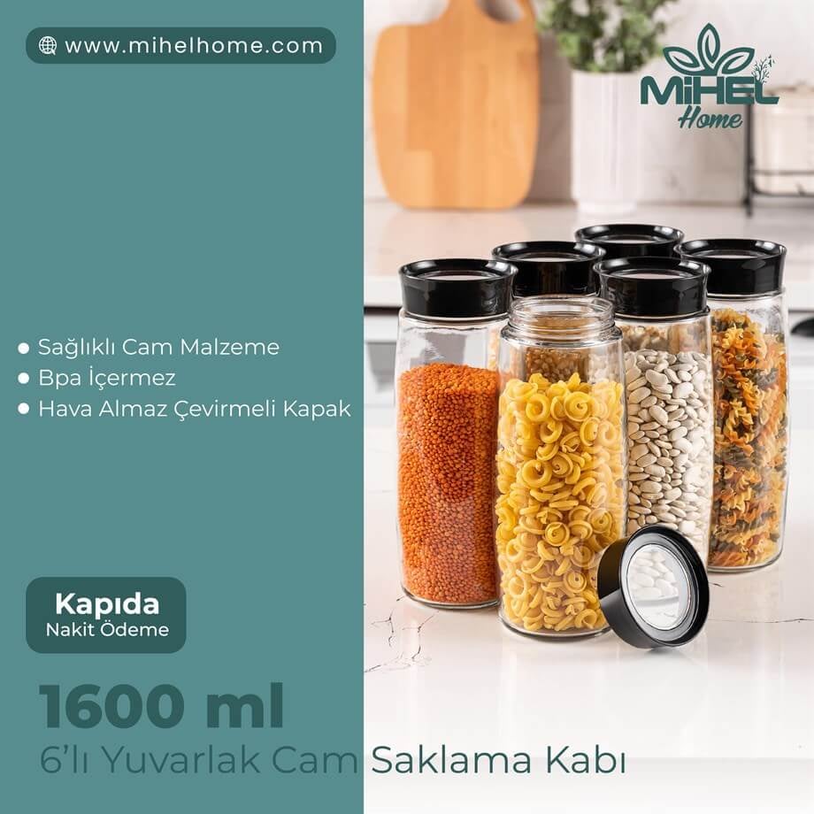 1600ML 6'lı  YUVARLAK CAM SAKLAMA KABIMİHEL
