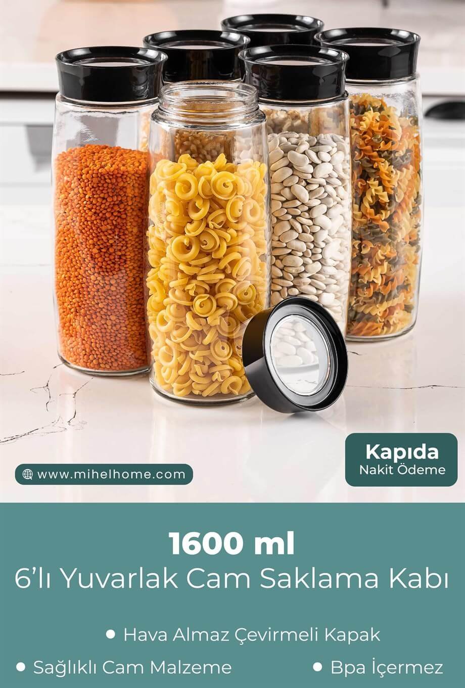 1600ML 6'lı  YUVARLAK CAM SAKLAMA KABIMİHEL