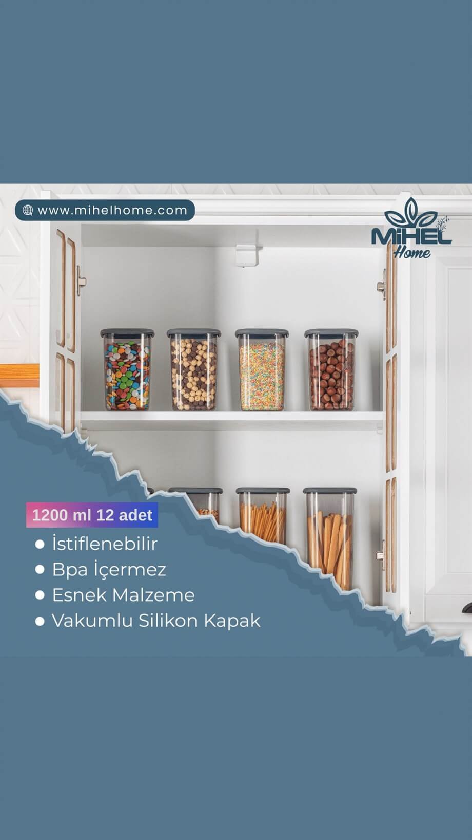 Mihel Eko Poly 12'li 1200ml Kare Saklama Kabı Füme RenkMİHEL