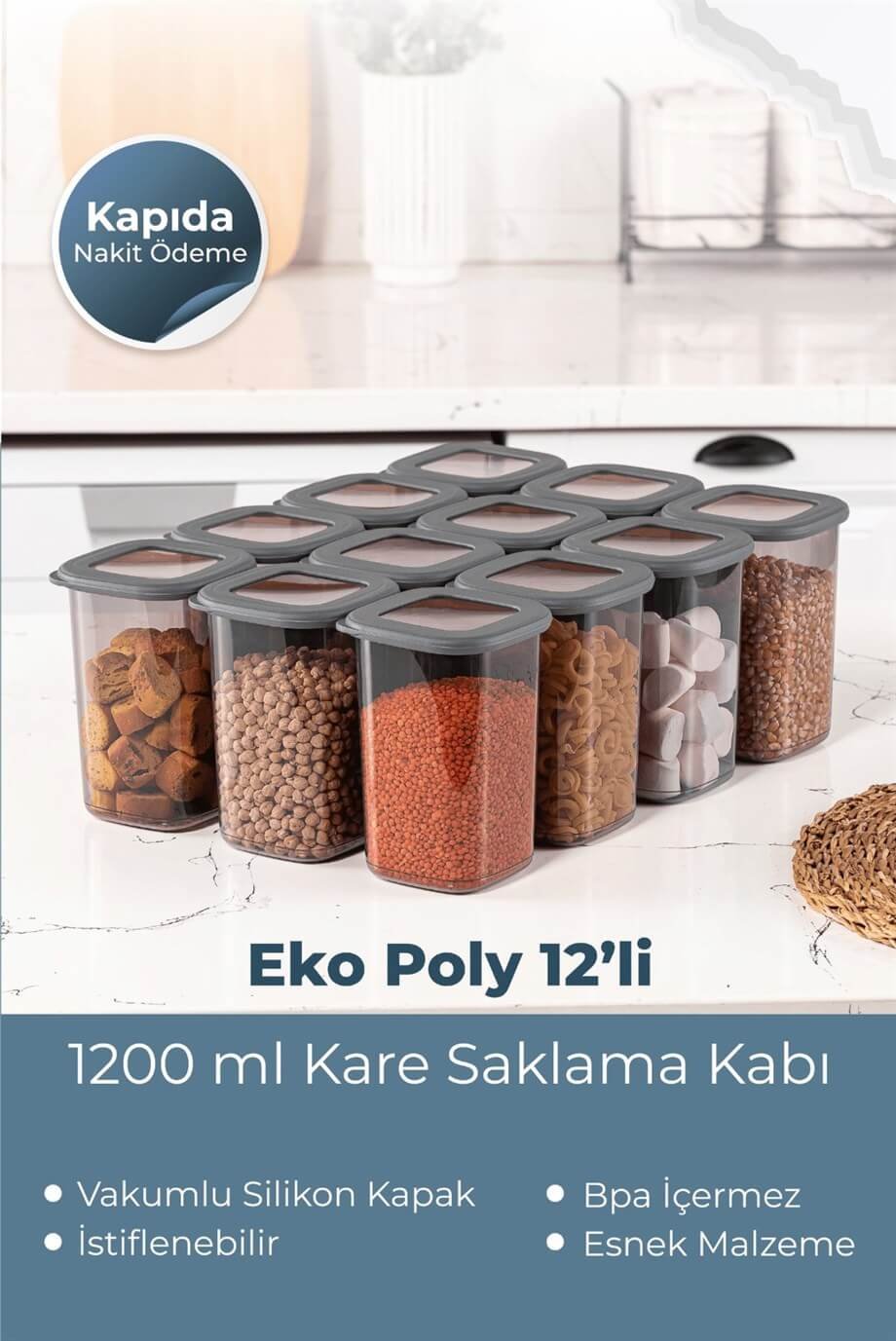 Mihel Eko Poly 12'li 1200ml Kare Saklama Kabı Füme RenkMİHEL