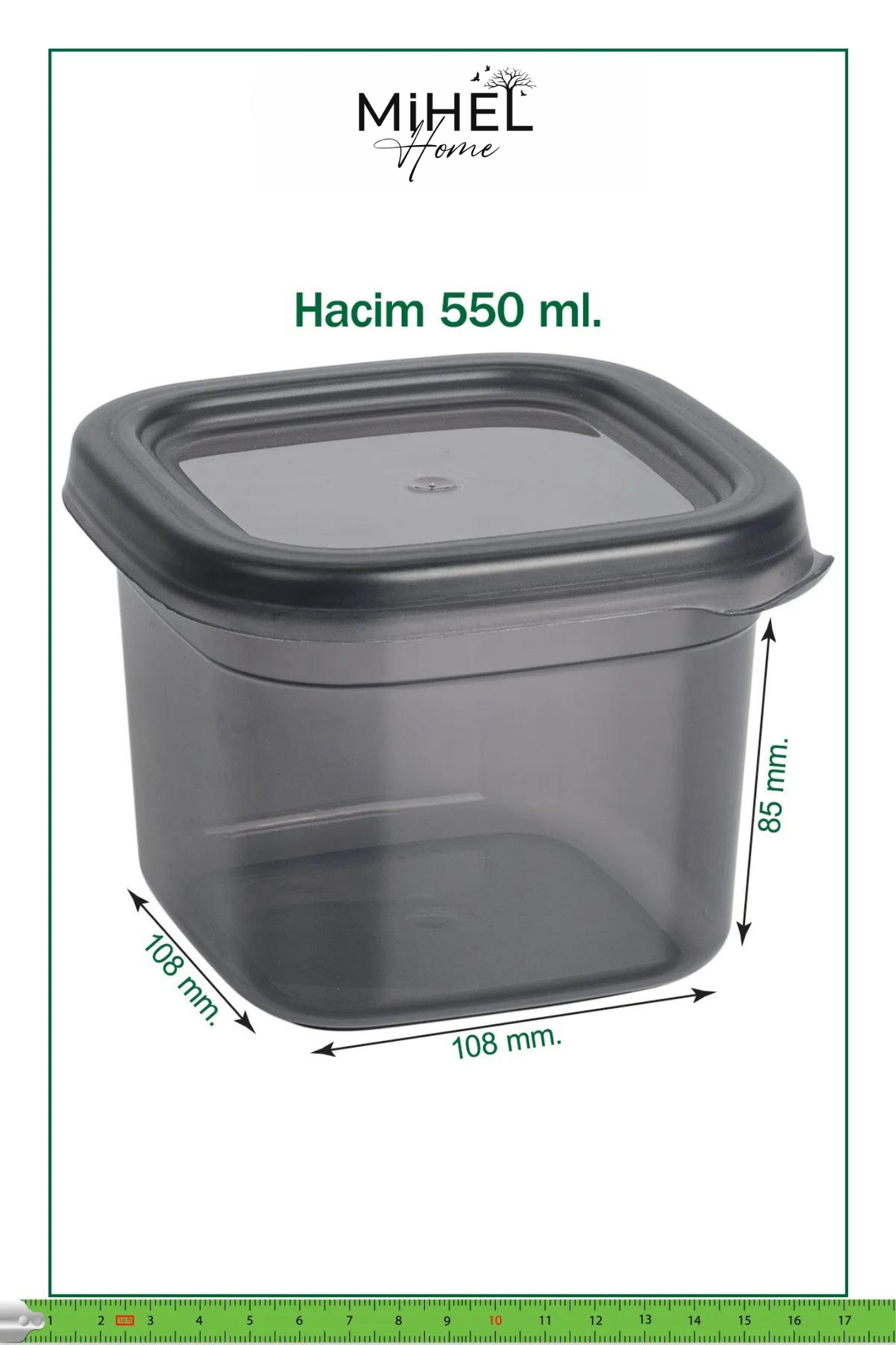 Mihel PEGİ 12'li 0.55 Litre Hava Almaz Kare Saklama Kabı Antrasit RenkMİHEL