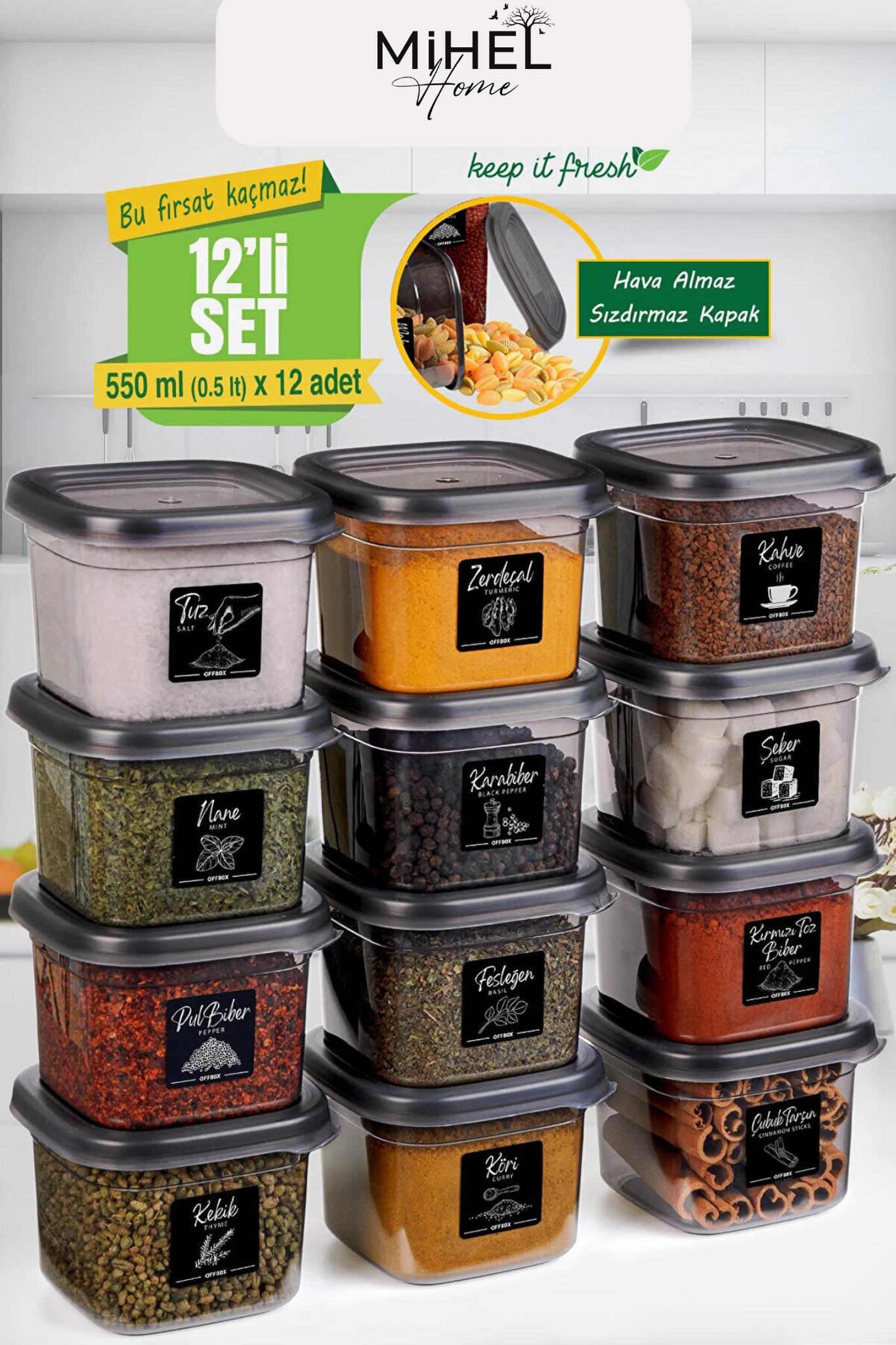 Mihel PEGİ 12'li 0.55 Litre Hava Almaz Kare Saklama Kabı Antrasit RenkMİHEL