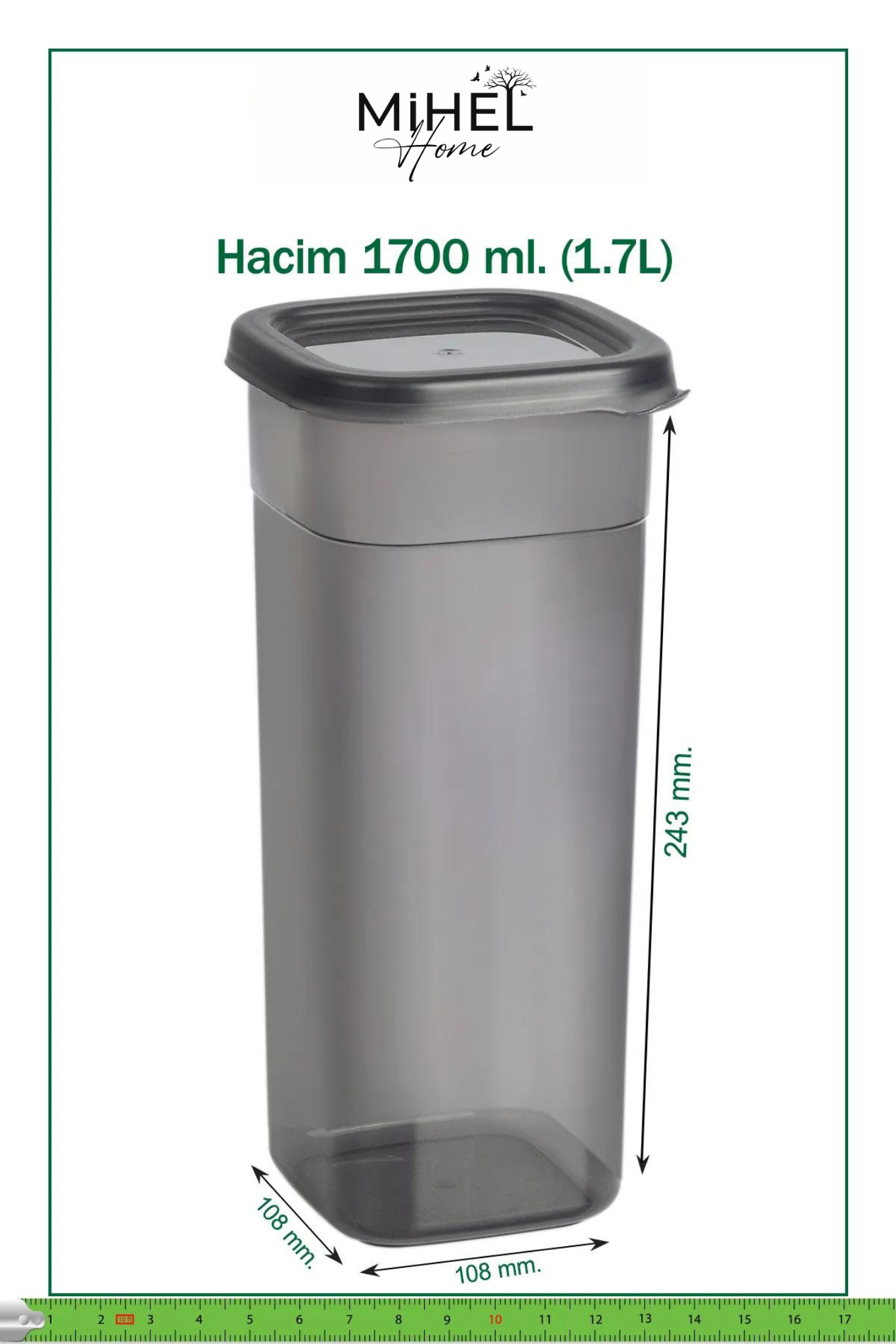 Mihel PEGİ 12'li 1.75 Litre Kare Saklama Kabı Antrasit RenkMİHEL