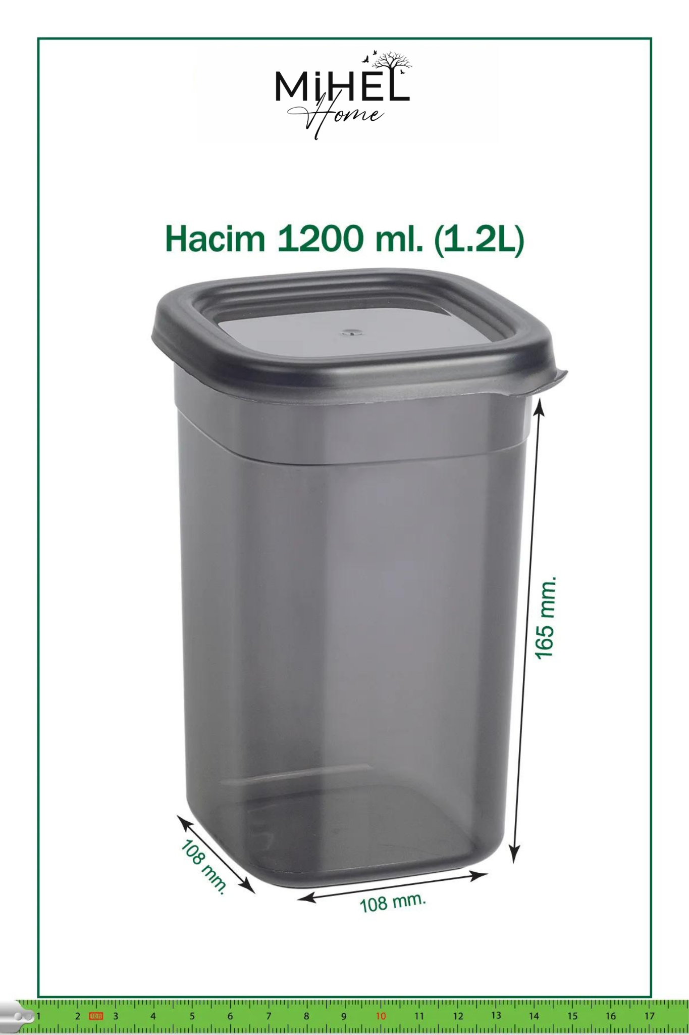 Mihel PEGİ 12'li 1.2 Litre Hava Almaz Kare Saklama Kabı Antrasit RenkMİHEL