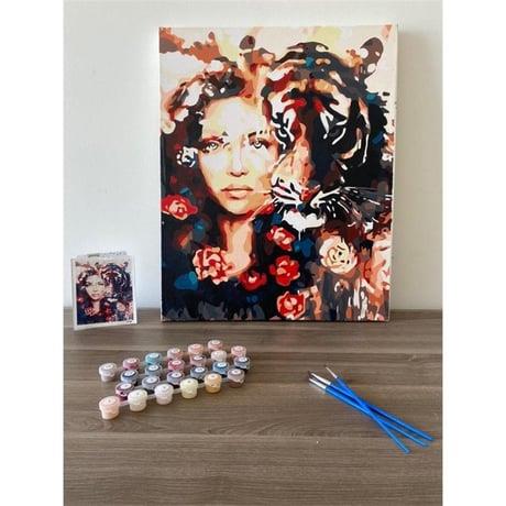 Kadın ve Kaplan Sayılarla Boyama Seti 40x50 cm (Tuvale Gerili)