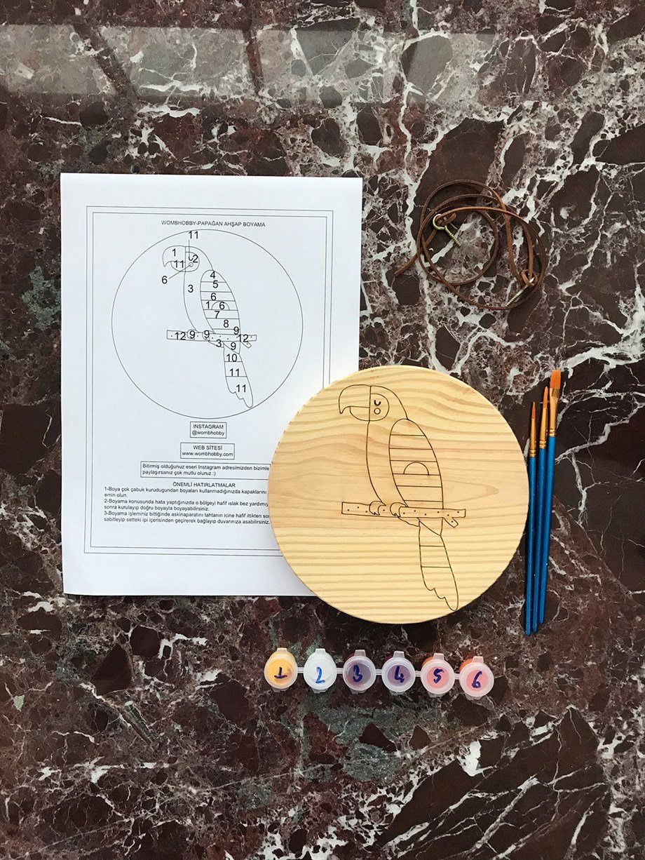 Papağan Ahşap Boyama Seti(doğal amerikan çamı 19 cm çap 2.5 cm kalınlık)