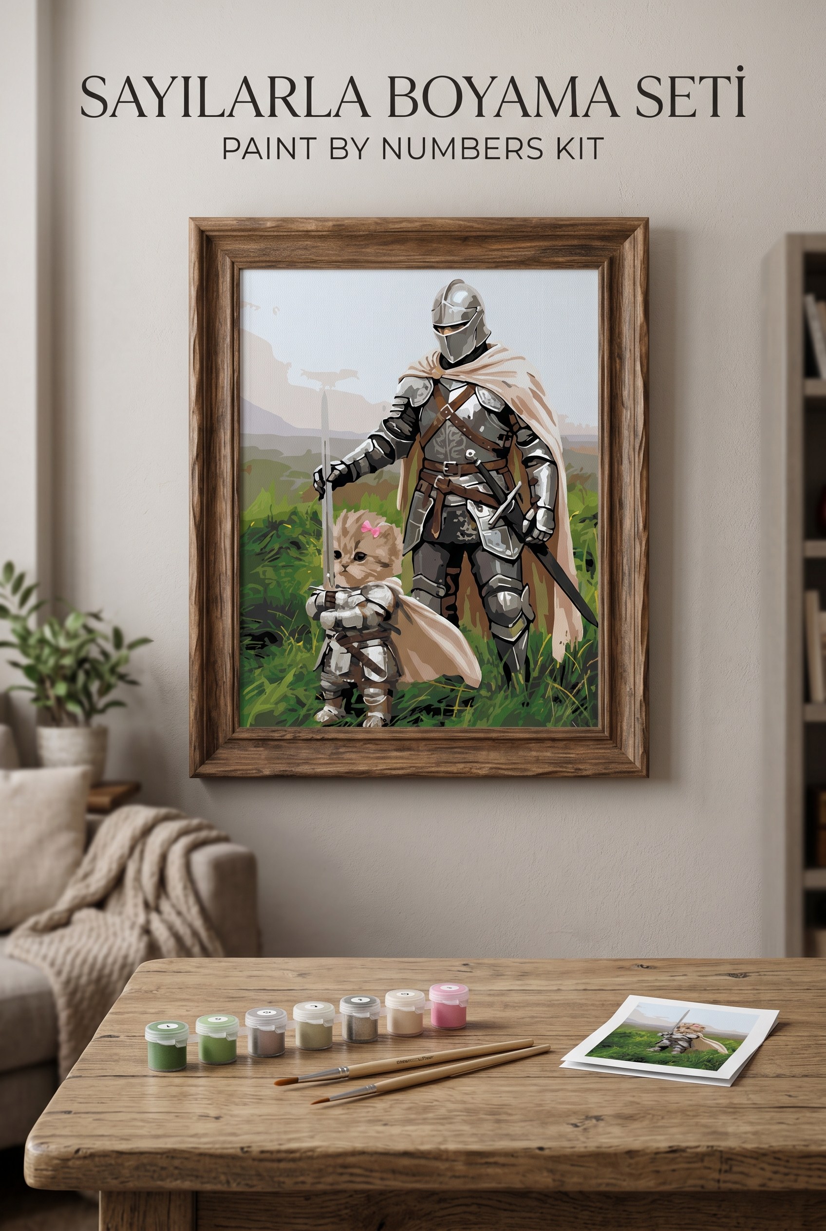 Şövalye ve Kedi Sayılarla - Zırhlı İkili Tuval Tablosu Sayılarla Boyama Seti 40x50 cm (Tuvale Gerili)