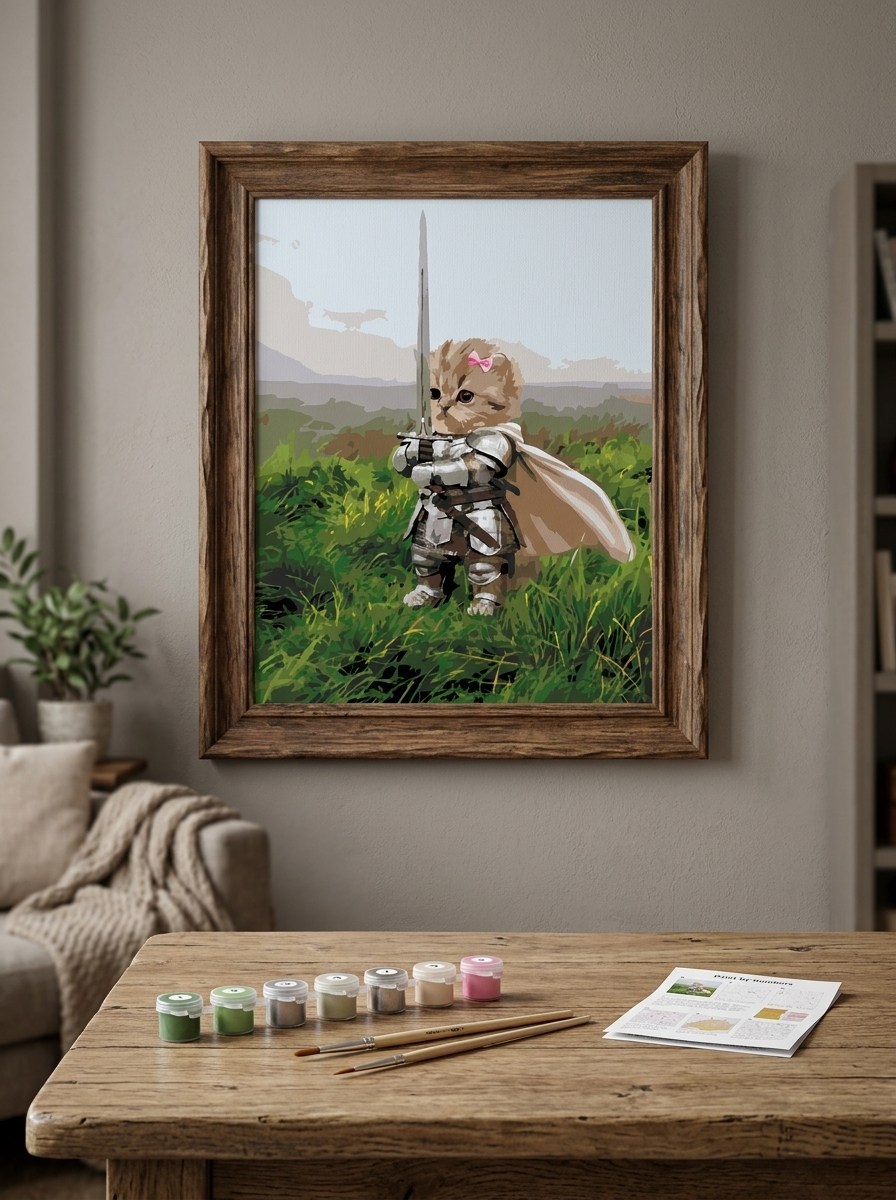 Viral Şövalye Kedi – Fiyonklu & Kılıçlı Mini Kedi Sayılarla Boyama Seti 40x50 cm (Tuvale Gerili)