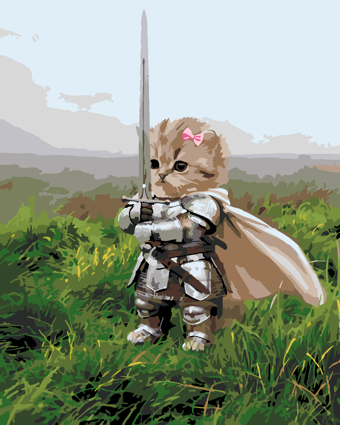Viral Şövalye Kedi – Fiyonklu & Kılıçlı Mini Kedi Sayılarla Boyama Seti 40x50 cm (Tuvale Gerili)