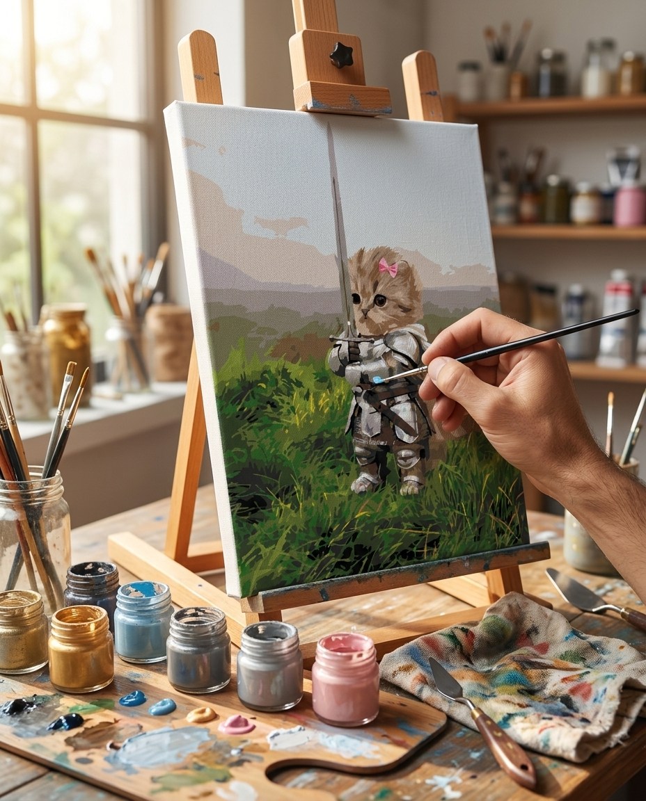 Viral Şövalye Kedi – Fiyonklu & Kılıçlı Mini Kedi Sayılarla Boyama Seti 40x50 cm (Tuvale Gerili)