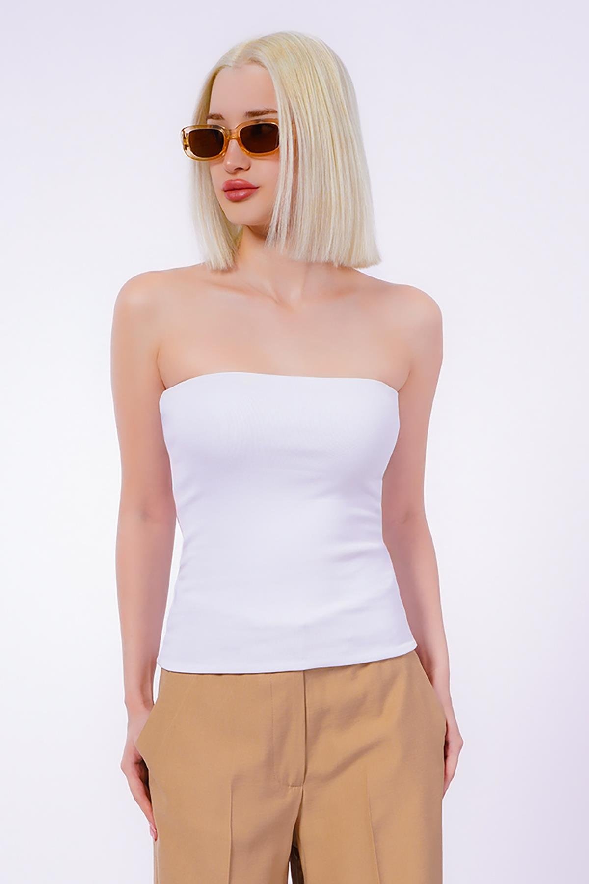 Beyaz Straplez Basic Kadın Bluz Sh247