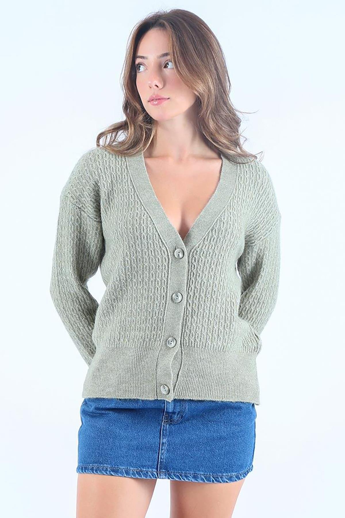 Mint Yeşili V Yaka Düğmeli Yumuşak Kadın Triko Kazak Hırka SH182- Seeh