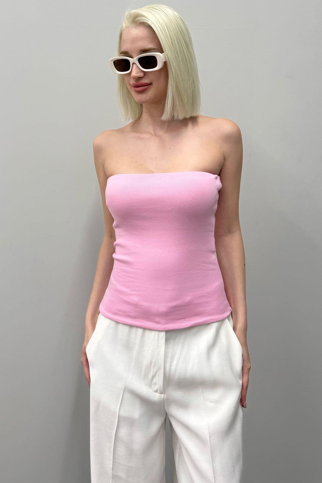 Pembe Straplez Basic Kadın Bluz Sh247