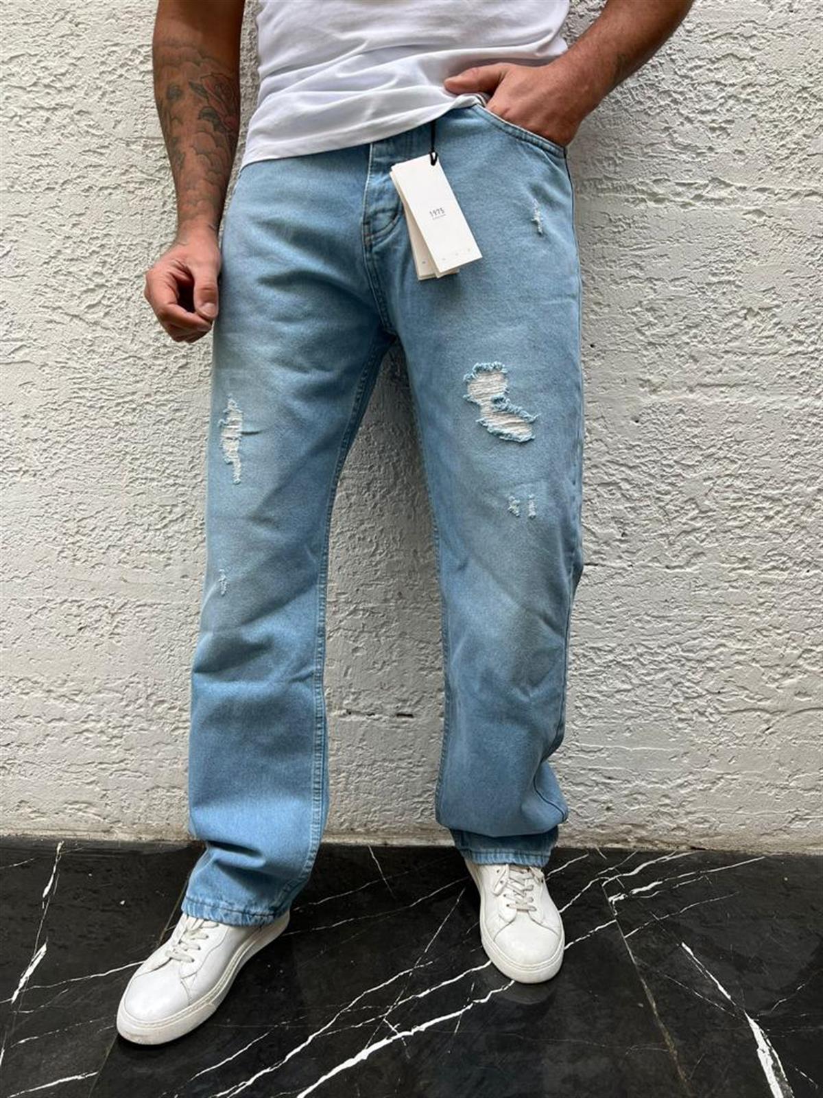 Erkek Açık Mavi Destroylu Baggy Denim Pantolon