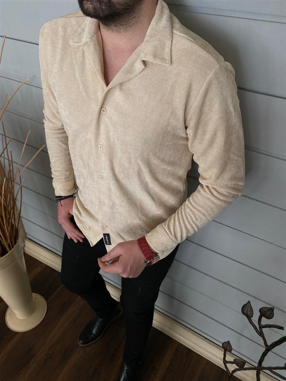 Erkek Bej Slim Fit Kadife Örme Kışlık Gömlek