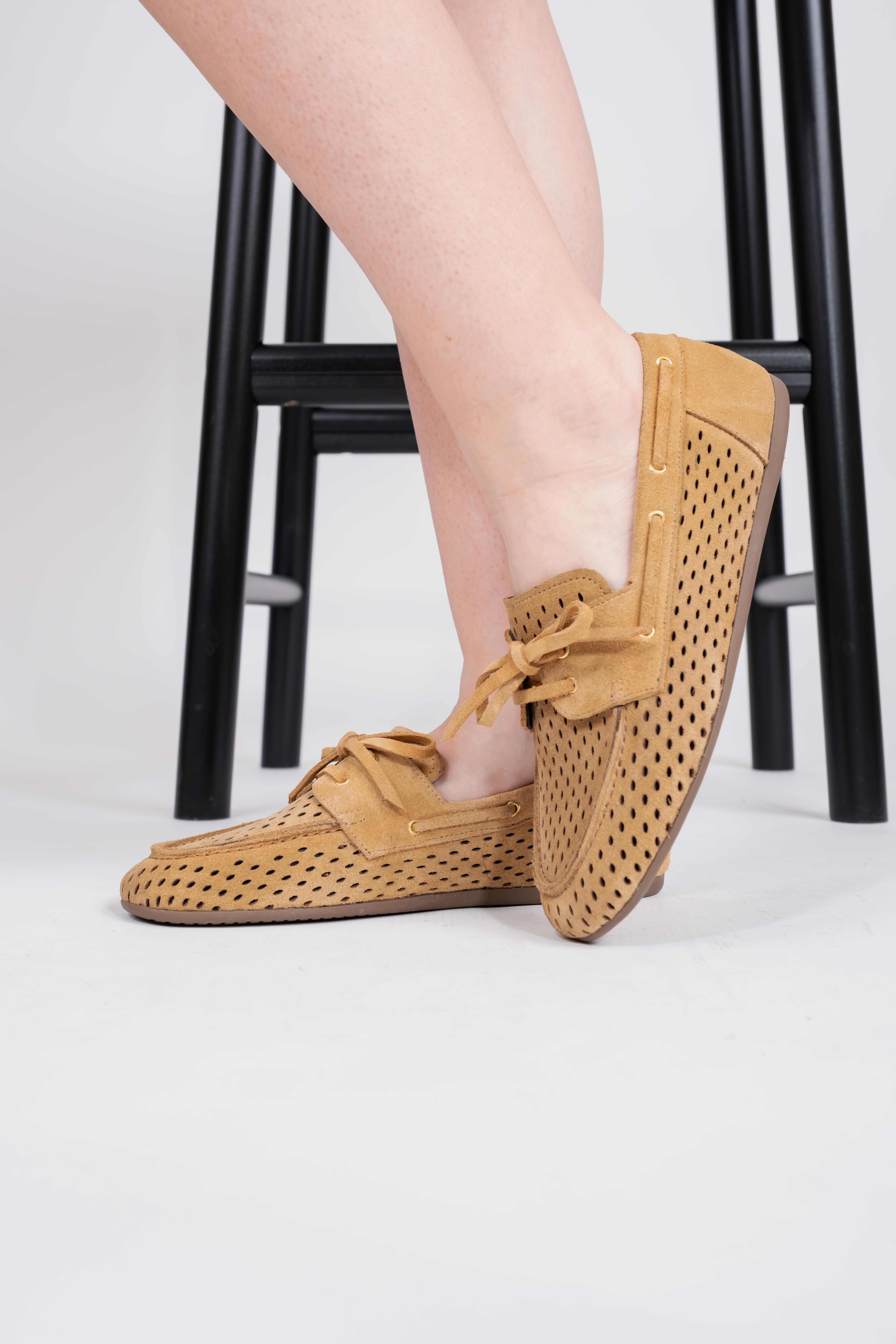 Hakiki deri Bağcıklı sarı süet kadın loafer