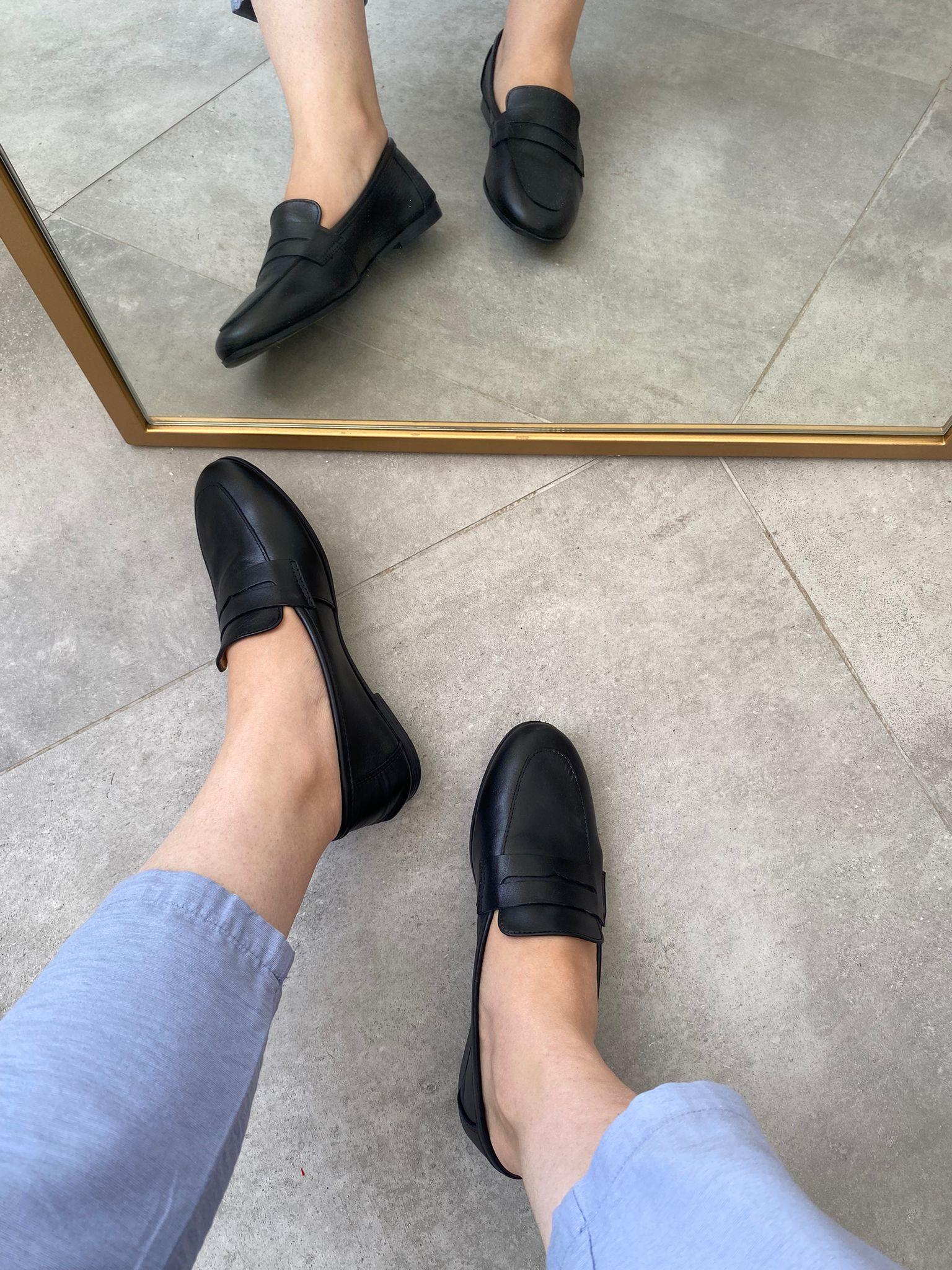 Hakiki Deri Siyah Kadın Loafer Ayakkabı