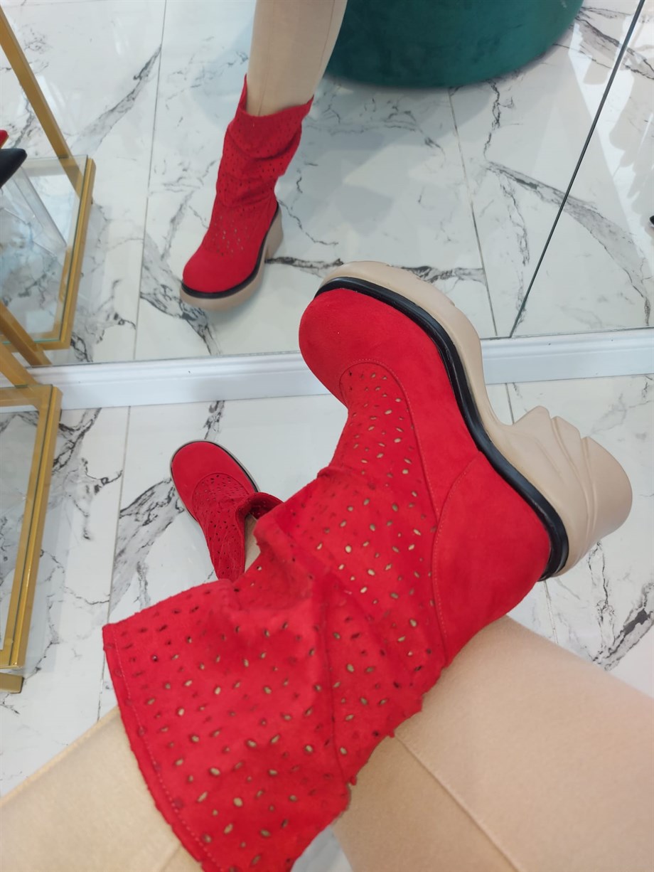 KAMİ Kırmızı Süet Nude Taban Lazerli Yazlık Bot
