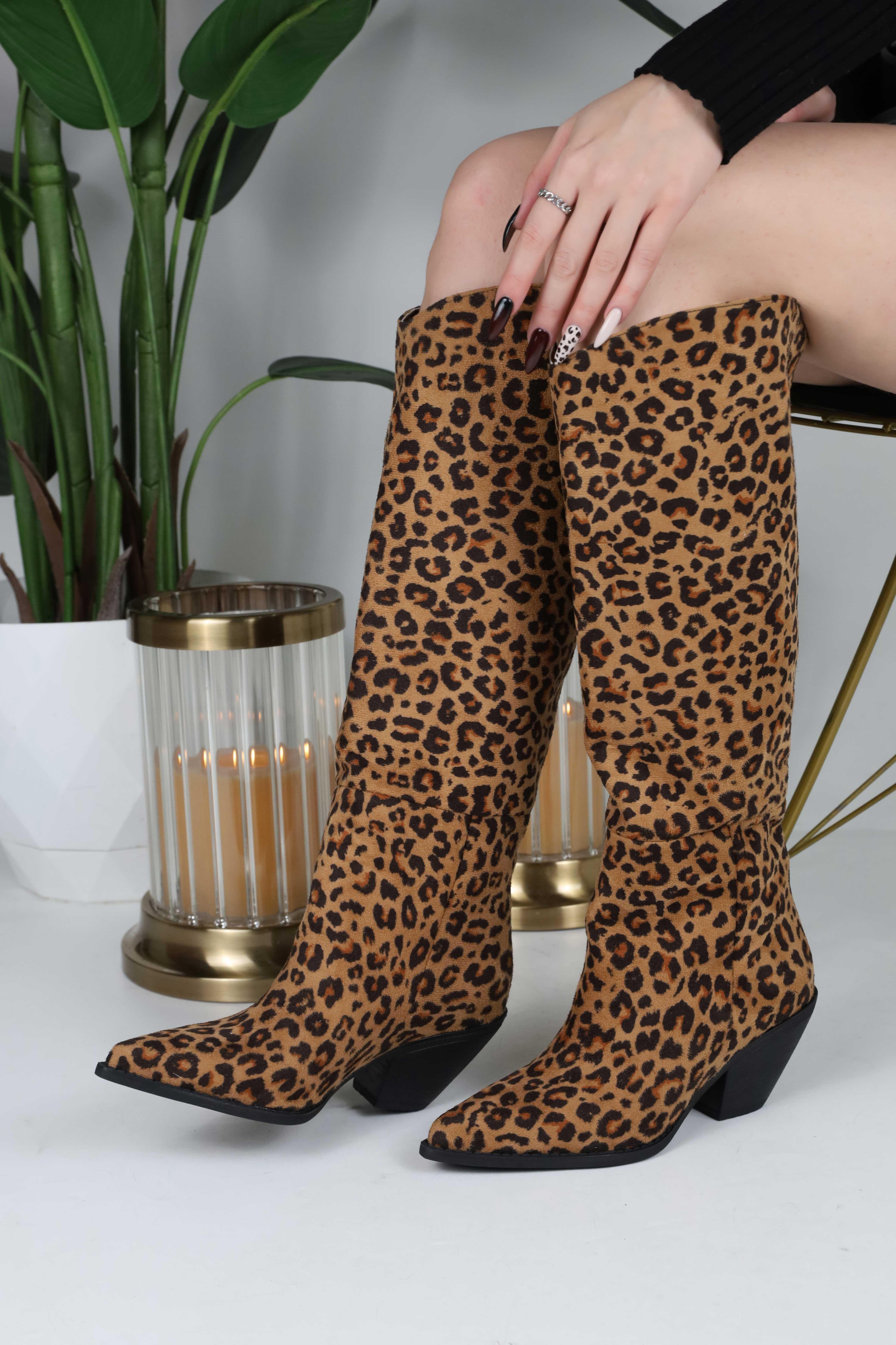 Lapis Taba Leopar Süet Çizme