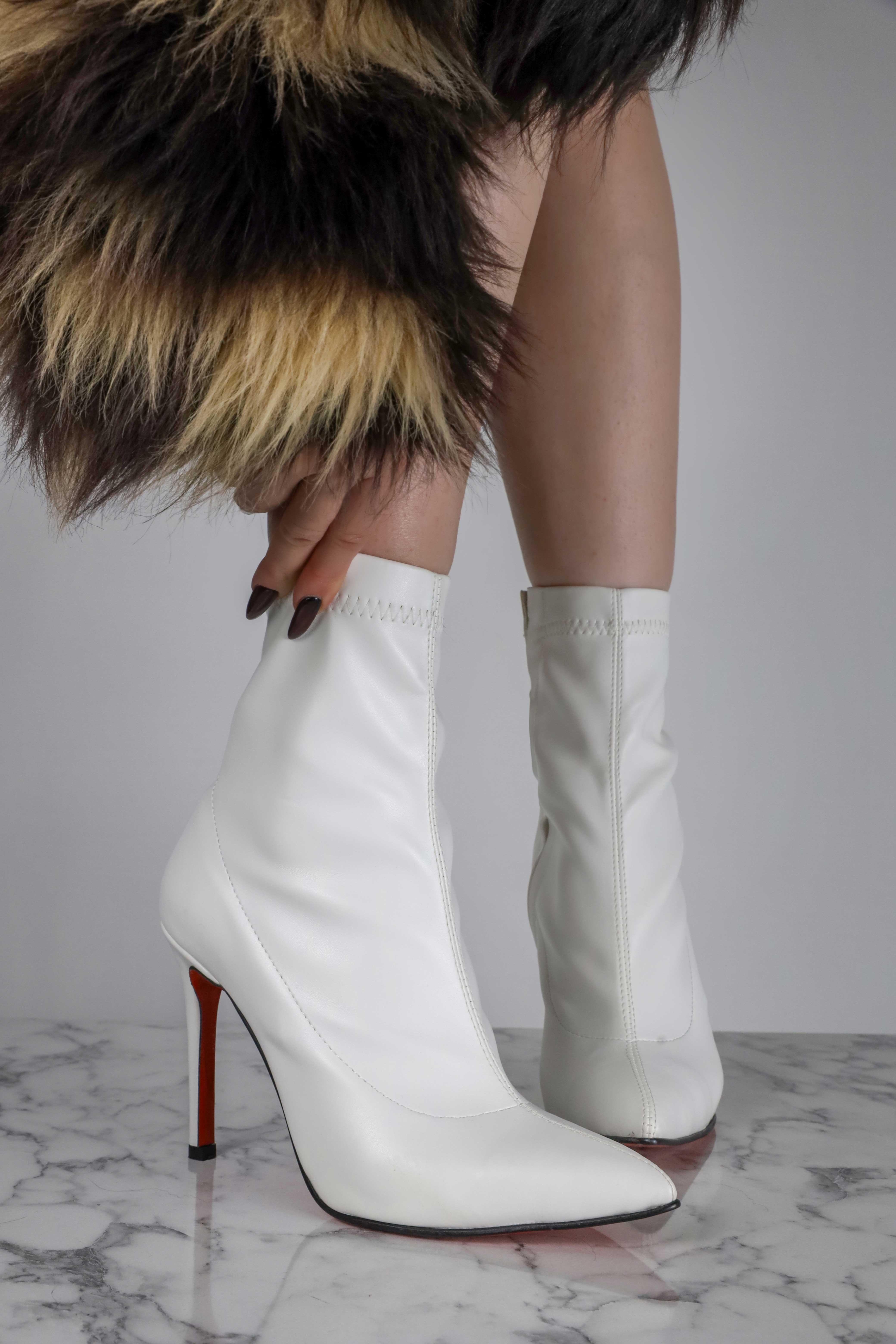 Linda White Stretch Leather Pointy Toe Boots