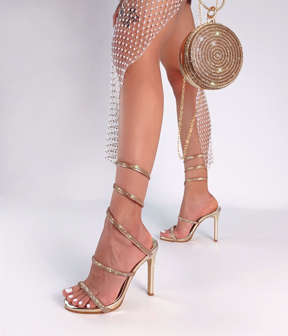 LOPEZ Gold Mat Deri Taş Detaylı Sandalet