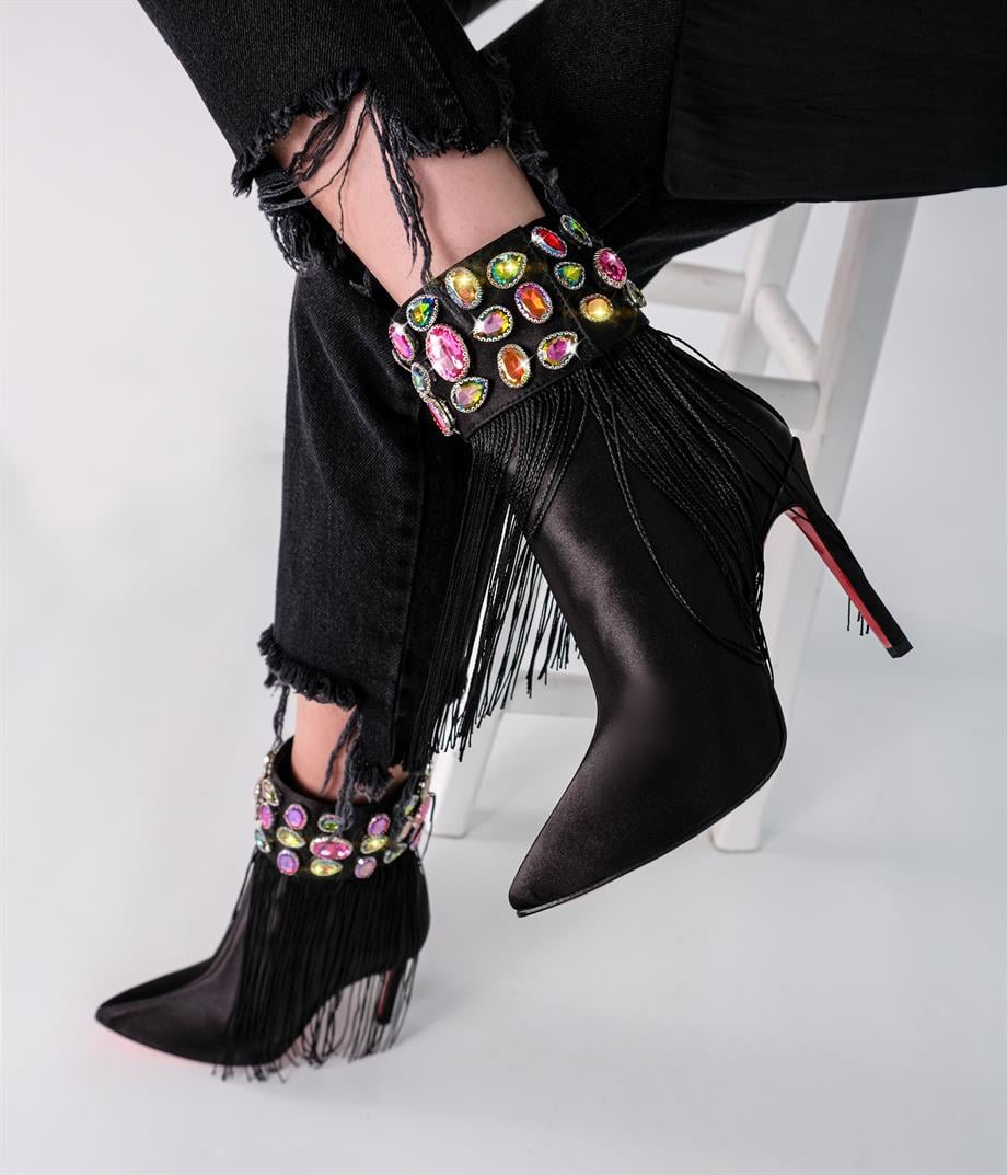 Mares Siyah Saten Taş Detaylı  Bot 