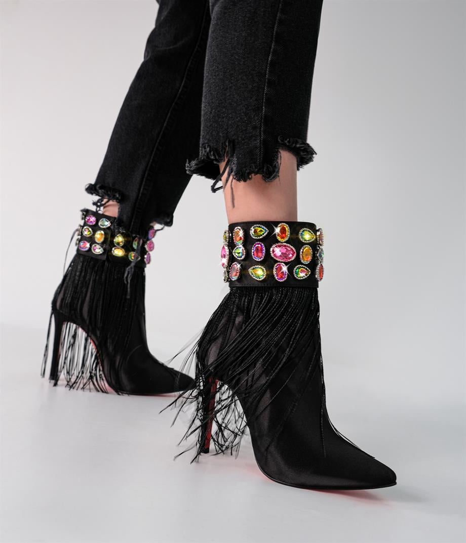 Mares Siyah Saten Taş Detaylı  Bot 