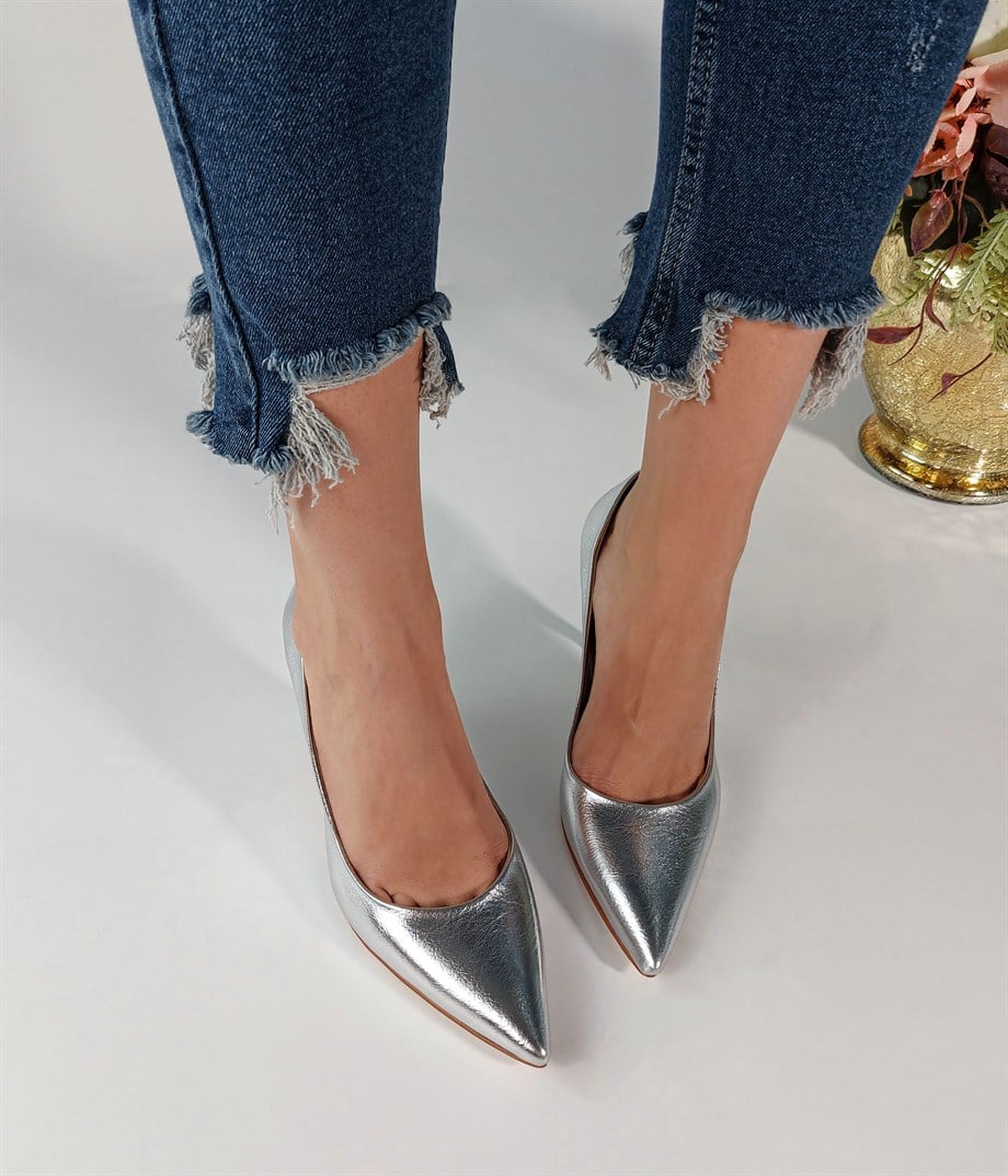 Polo Gümüş Metalik Deri Stiletto