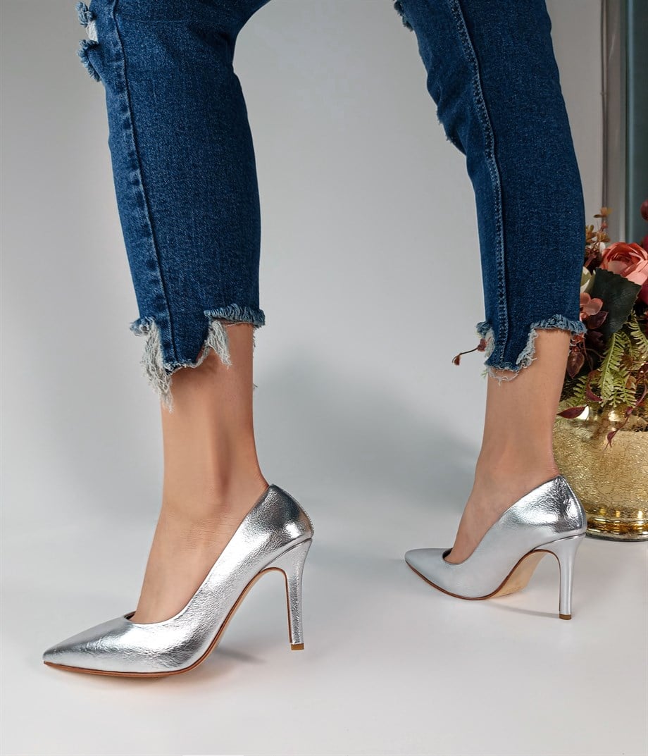 Polo Gümüş Metalik Deri Stiletto