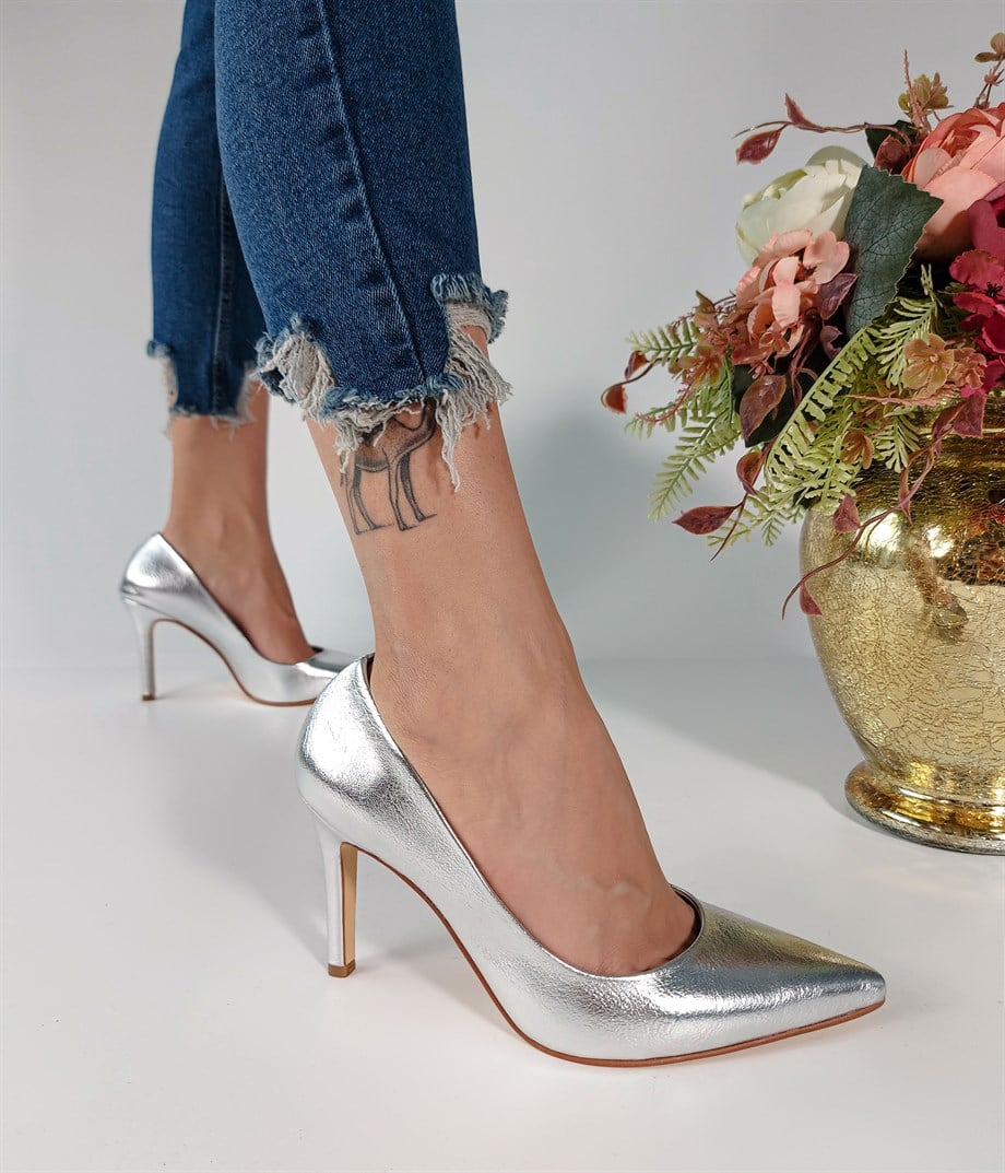 Polo Gümüş Metalik Deri Stiletto