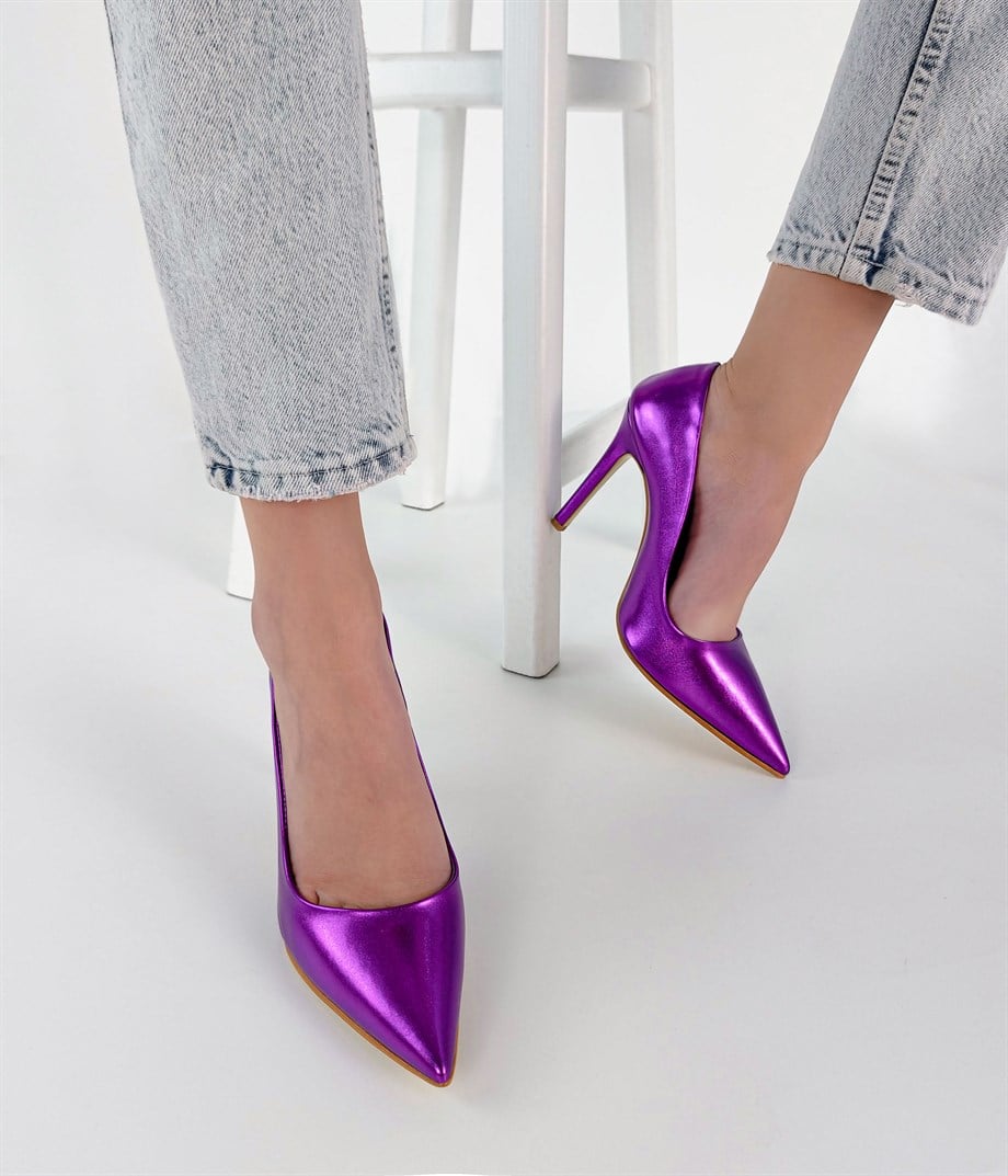 Prado Mor Metalik Deri ince Topuk Stiletto 