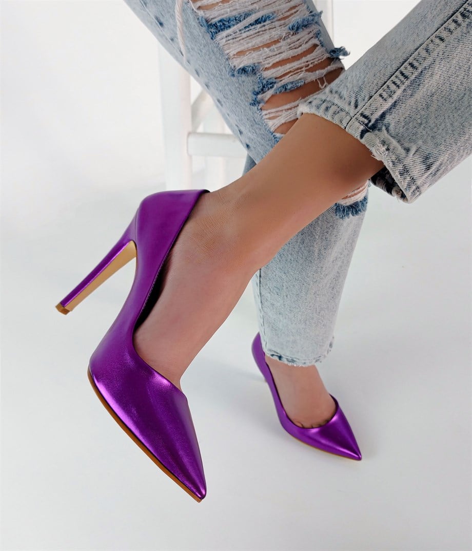 Prado Mor Metalik Deri ince Topuk Stiletto 