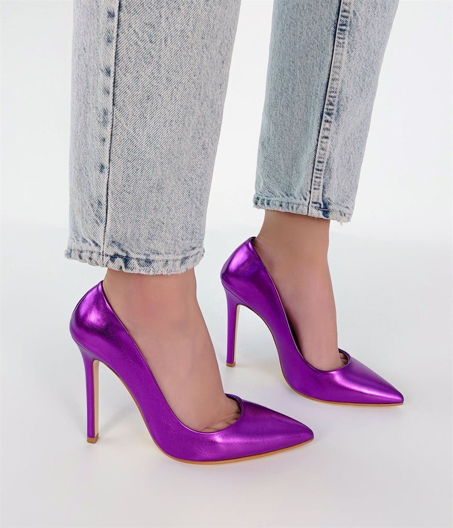 Prado Mor Metalik Deri ince Topuk Stiletto 