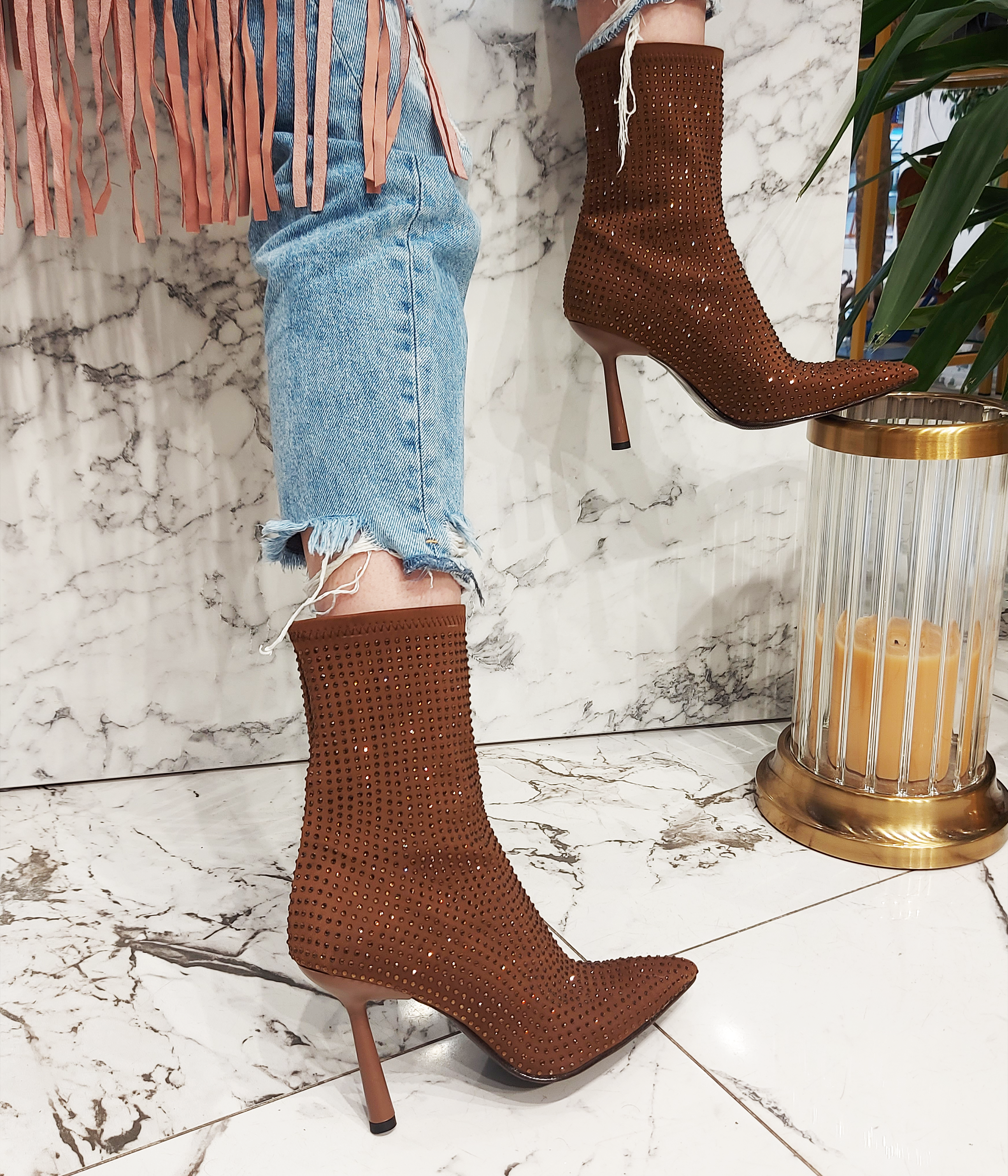 Rachel Kahverengi Taş Detaylı Streç Bot