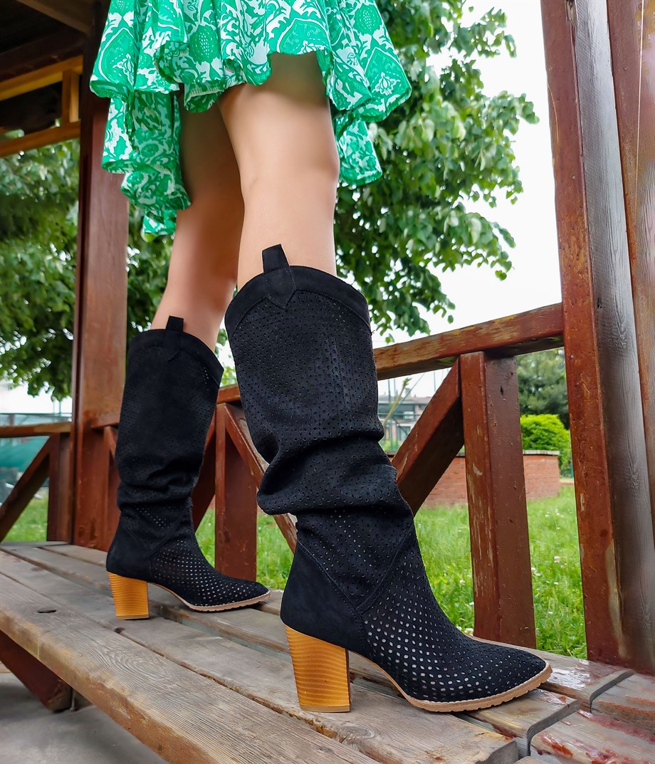 Roma  Siyah Süet Lazer Kesimli  Dallas Çizme 