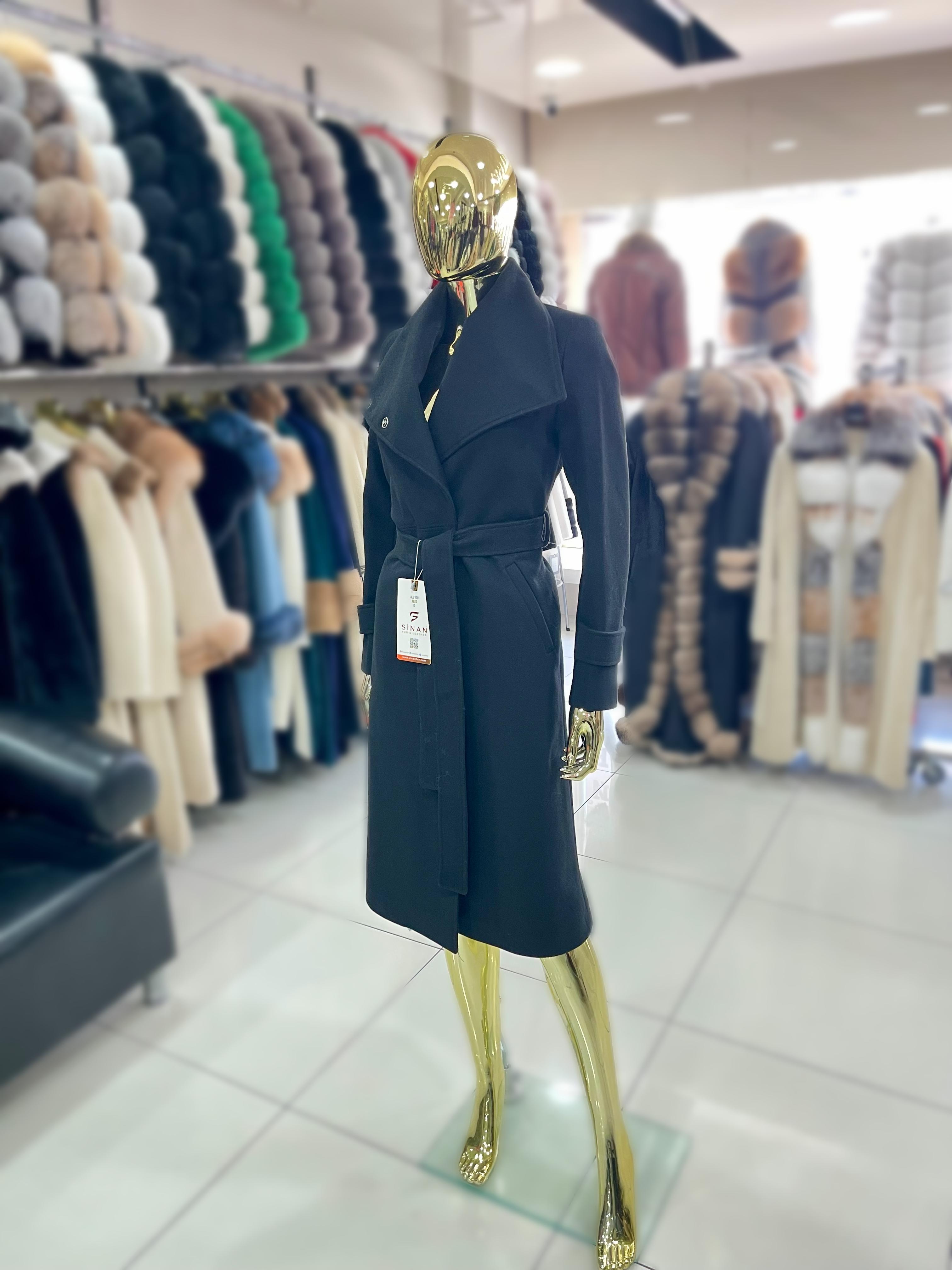 Siyah Kuşaklı Yeni Sezon Premium Kalite Rahat Kalıp Kadın Kaşe Kaban Mont